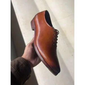 Tan Mirror Glossed Patina Cowboy Oxford   Cuban Heel