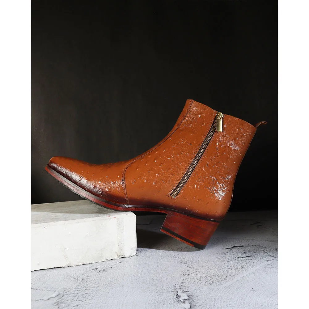 Tan Ostrich Zip Cowboy Boots
