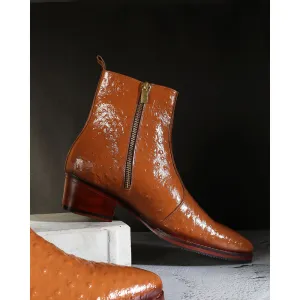 Tan Ostrich Zip Cowboy Boots