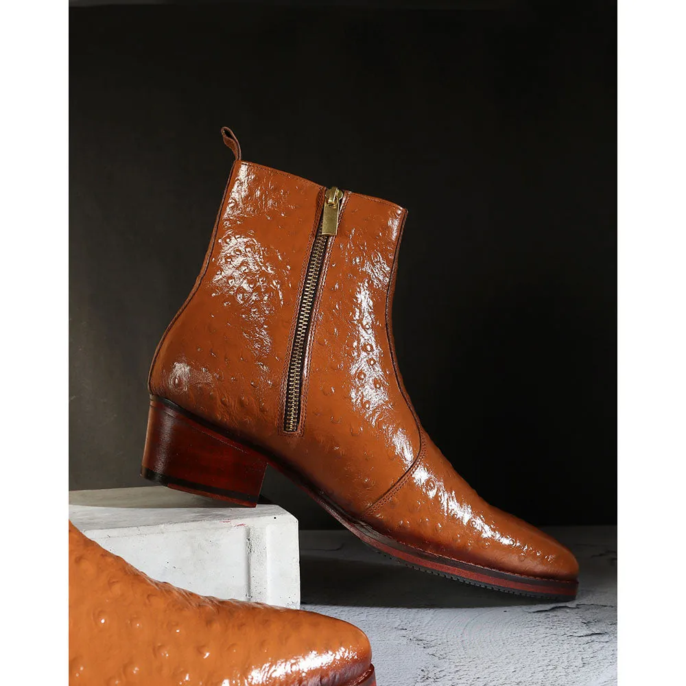 Tan Ostrich Zip Cowboy Boots
