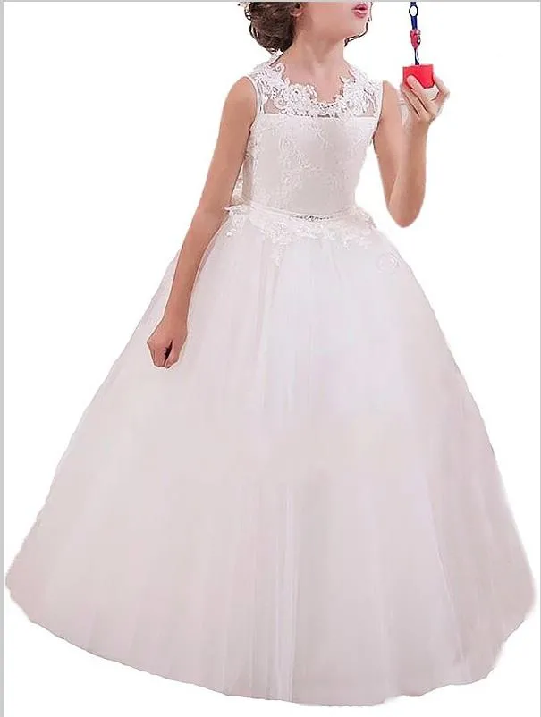 Tulle Sleeveless Flower Girl Dresses Floor Length Ball Gown With Applique