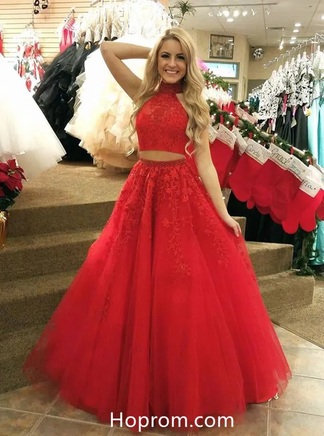 Two Piece Applique Prom Dresses Tulle Lace Evening Dresses