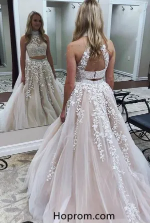 Two Piece Applique Prom Dresses Tulle Lace Evening Dresses