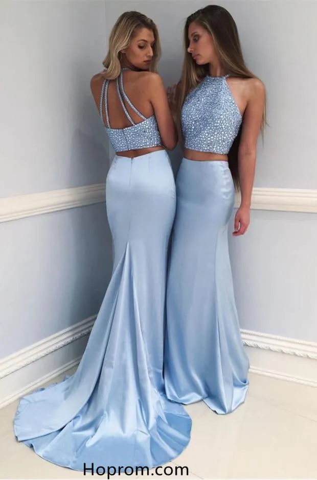 Two Piece Beading Prom Dresses Blue Mermaid Evening Dresses