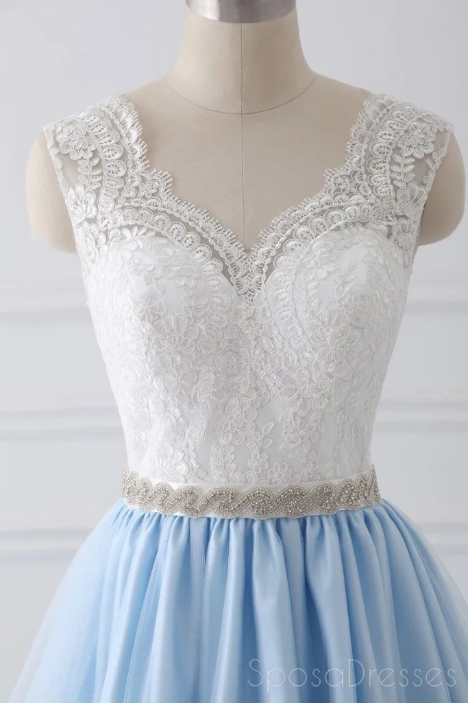 V Neck Lace Straps A line Blue Skirt Long Evening Prom Dresses, 17554