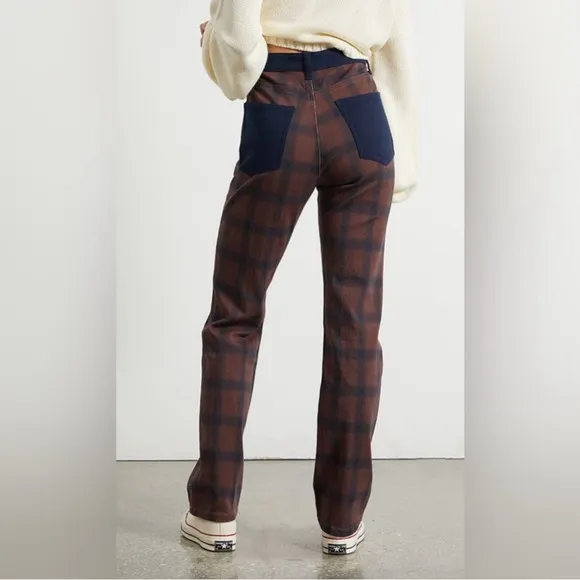 WEWOREWHAT Plaid Colorblock Icon Jeans Navy and Brown, Size 25🔥