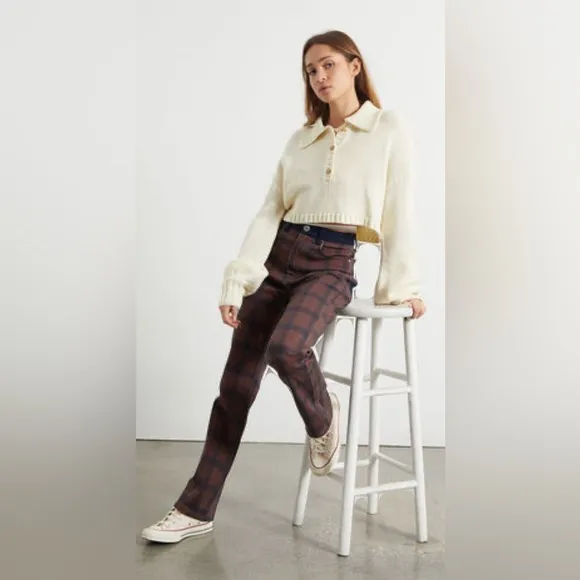 WEWOREWHAT Plaid Colorblock Icon Jeans Navy and Brown, Size 25🔥