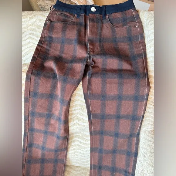 WEWOREWHAT Plaid Colorblock Icon Jeans Navy and Brown, Size 25🔥