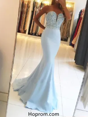 White Strapless Mermaid Beading Prom Dresses V Neckline Evening Dresses