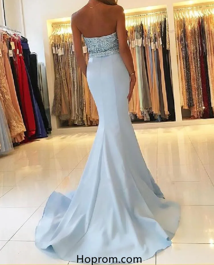 White Strapless Mermaid Beading Prom Dresses V Neckline Evening Dresses