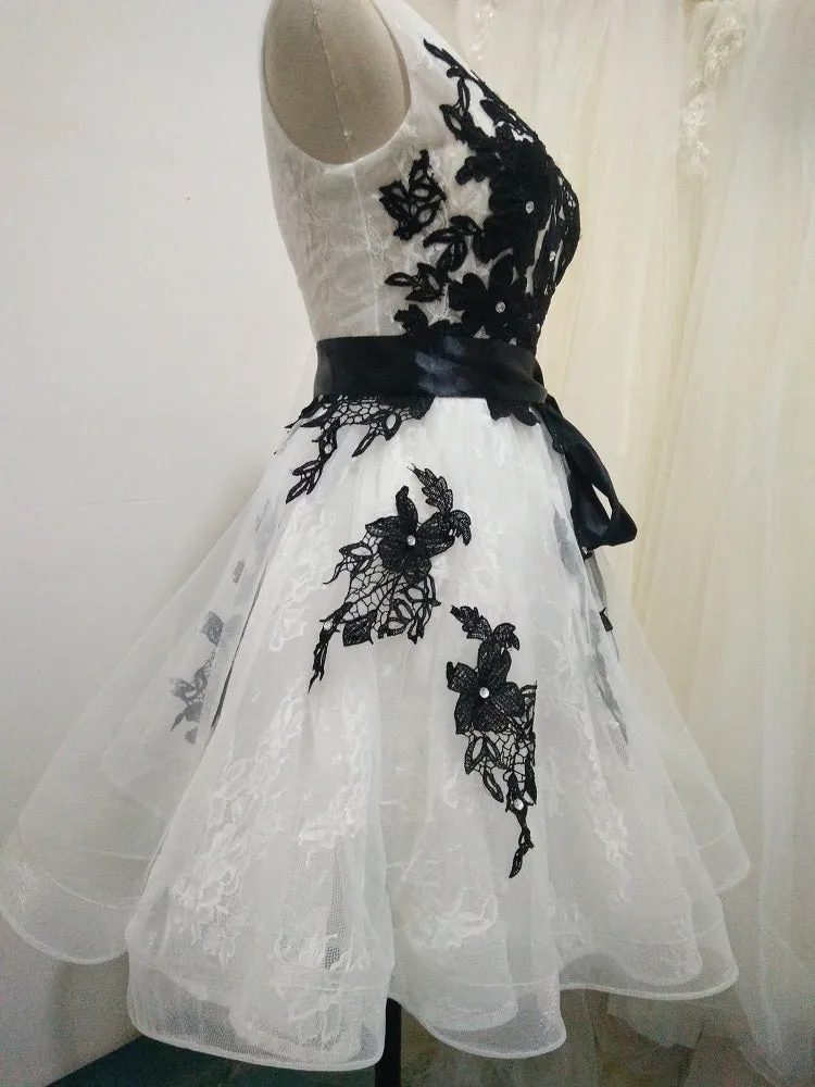 White Tulle and Lace Knee Length Party Dress with Black Lace, Cute Party Dress