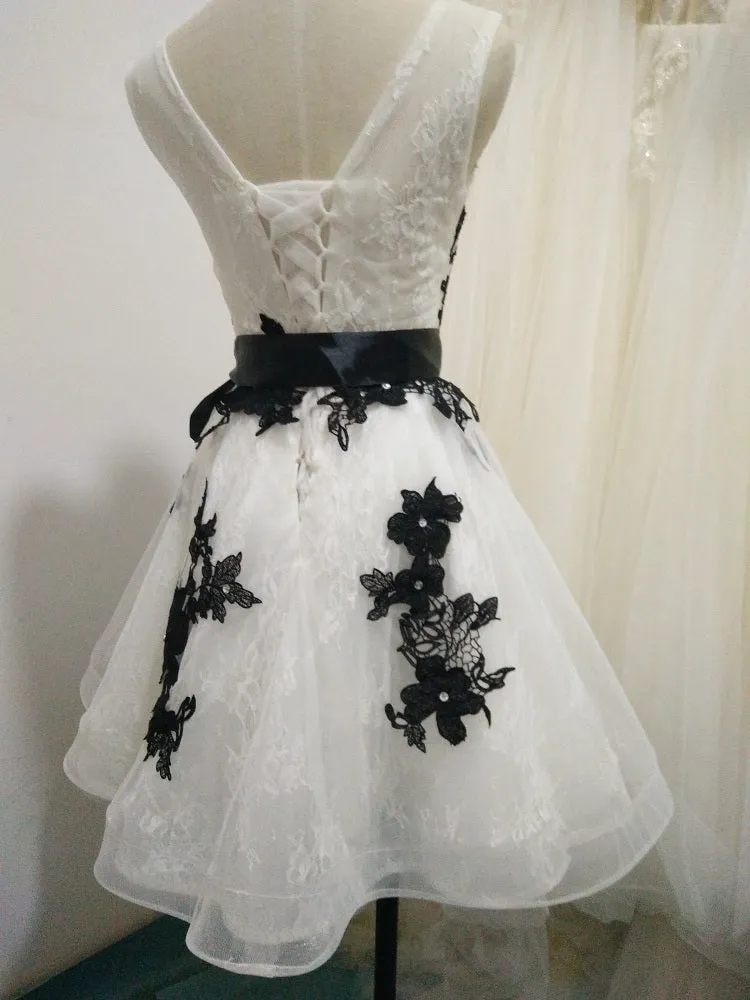 White Tulle and Lace Knee Length Party Dress with Black Lace, Cute Party Dress