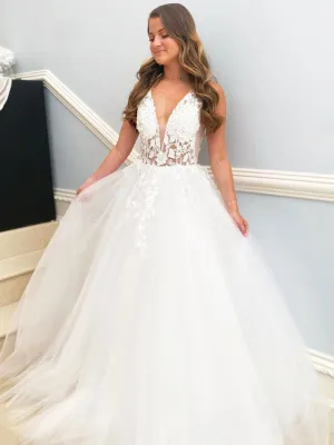 White v neck tulle lace long prom dress, white lace evening dress