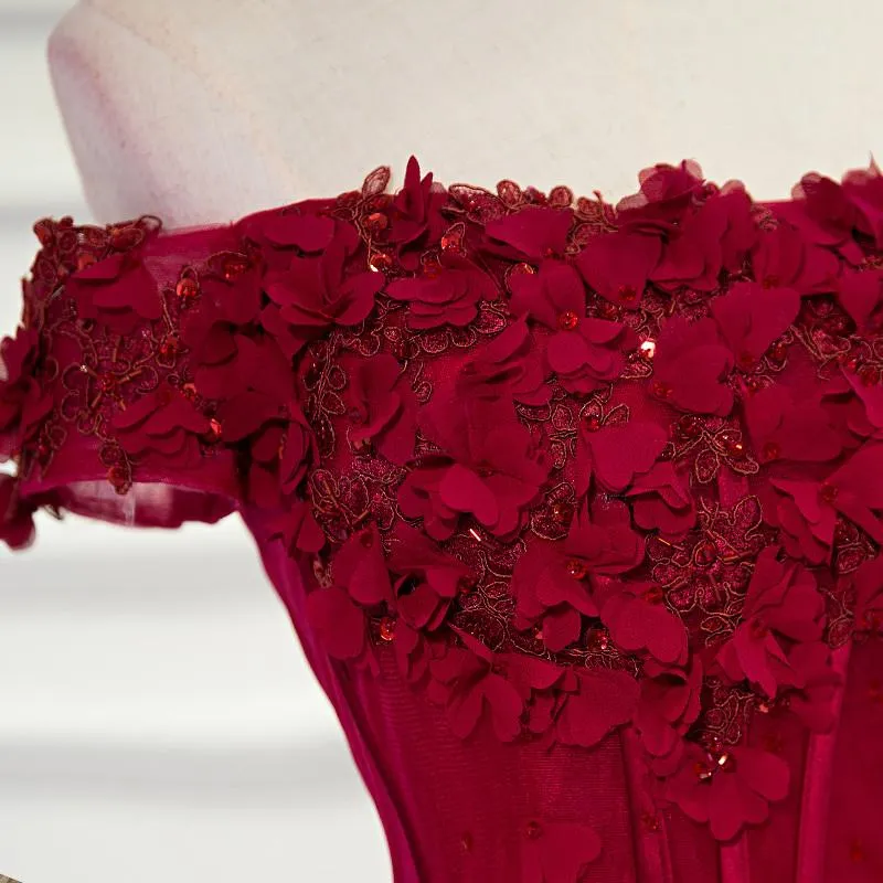 Wine Red Off Shoulder Tulle A-line Prom Gown, Prom Dresses