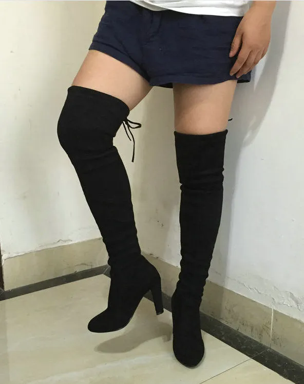 Women Stretch Faux Suede Slim Thigh High Boots Sexy Fashion Over the Knee Boots High Heels Woman Shoes Black Gray Winered