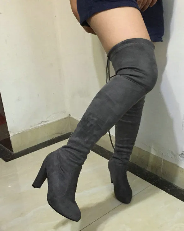 Women Stretch Faux Suede Slim Thigh High Boots Sexy Fashion Over the Knee Boots High Heels Woman Shoes Black Gray Winered