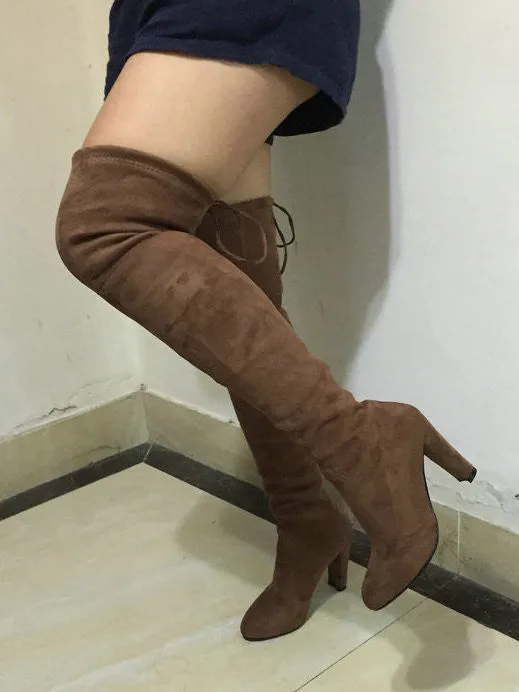 Women Stretch Faux Suede Slim Thigh High Boots Sexy Fashion Over the Knee Boots High Heels Woman Shoes Black Gray Winered