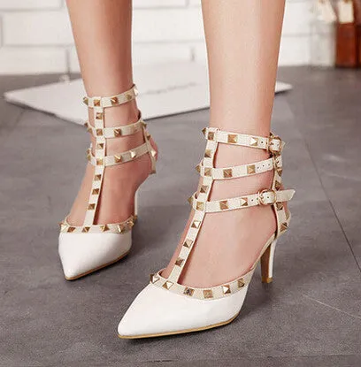 Women summer Pumps Ladies Sexy Pointed Toe Gladiator High Heels Fashion Buckle Studded Stiletto Sandals Shoes 5C08