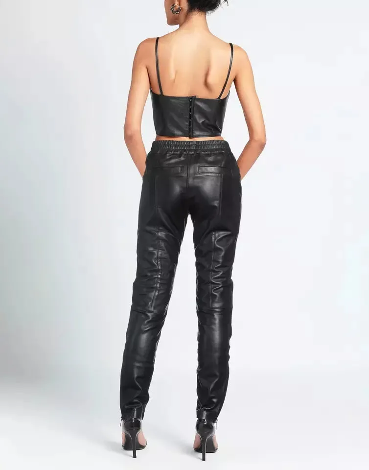 Women's Black Leather Biker Pants. Real Soft Lambskin High Waisted Leather Pant.