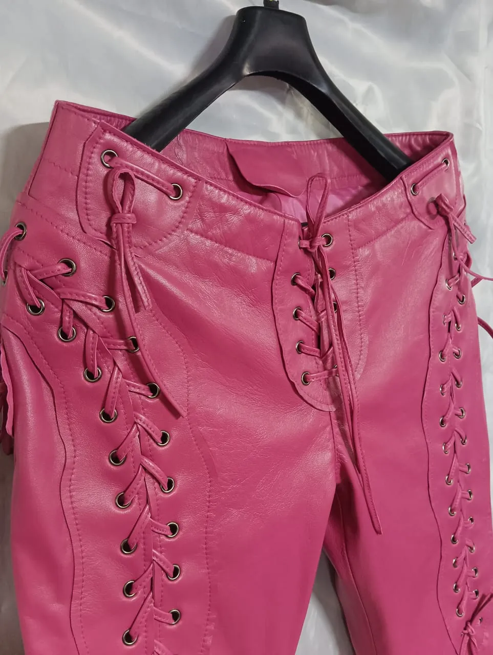 Women's Laced Up Pink Leather Pants. 100% Real Soft Sheepskin Biker Leather Pant