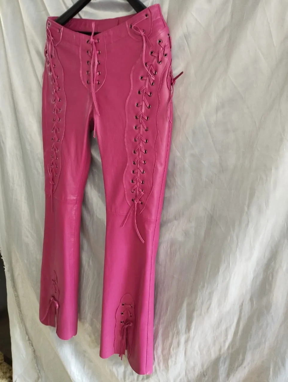 Women's Laced Up Pink Leather Pants. 100% Real Soft Sheepskin Biker Leather Pant