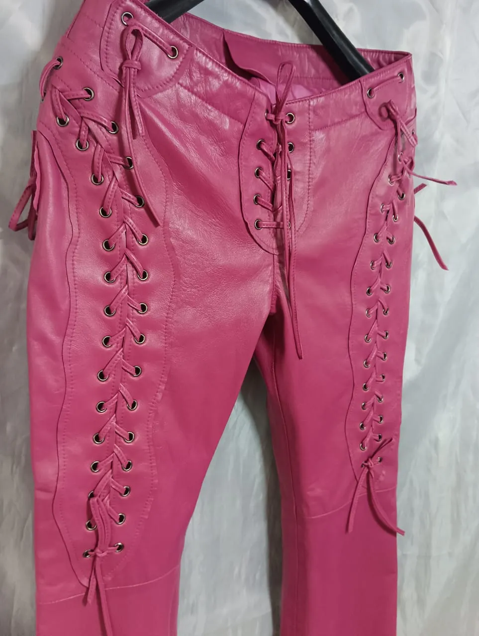 Women's Laced Up Pink Leather Pants. 100% Real Soft Sheepskin Biker Leather Pant