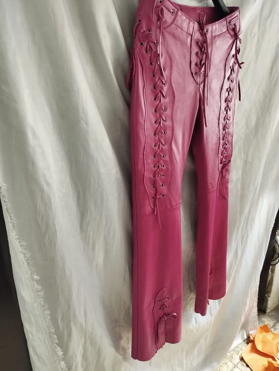Women's Laced Up Pink Leather Pants. 100% Real Soft Sheepskin Biker Leather Pant