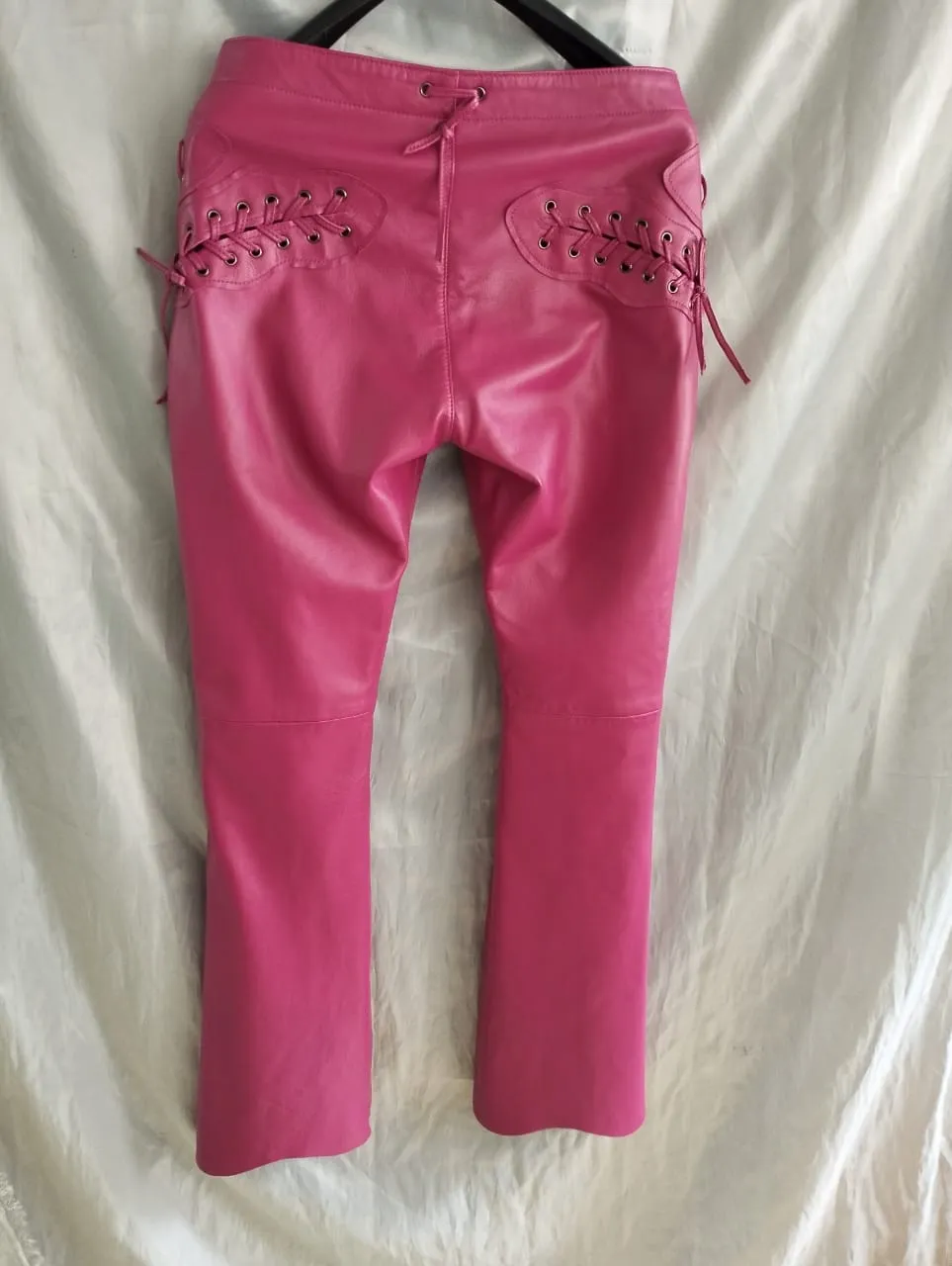 Women's Laced Up Pink Leather Pants. 100% Real Soft Sheepskin Biker Leather Pant
