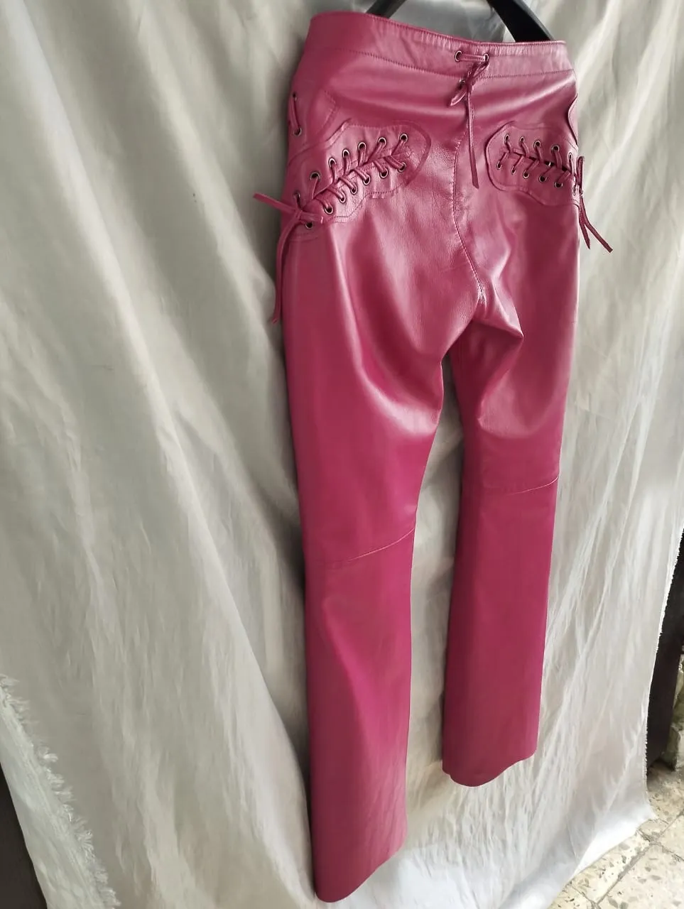 Women's Laced Up Pink Leather Pants. 100% Real Soft Sheepskin Biker Leather Pant