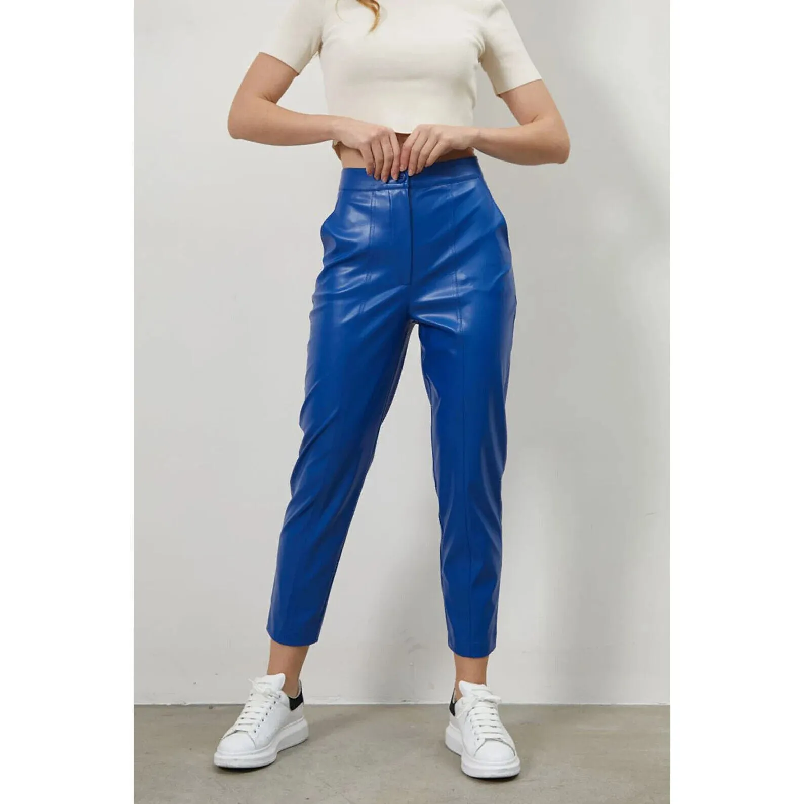 Women's New Blue Cropped Leather Pants. Real Soft Lambskin Biker Leather Pant.