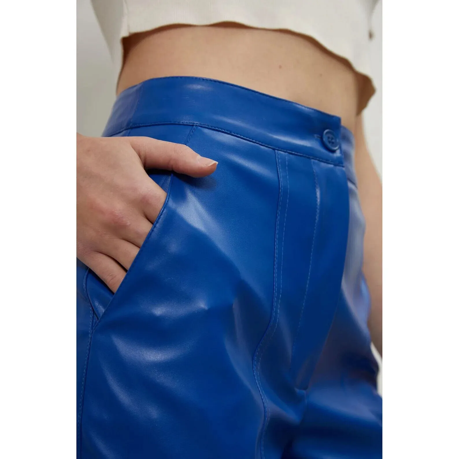 Women's New Blue Cropped Leather Pants. Real Soft Lambskin Biker Leather Pant.