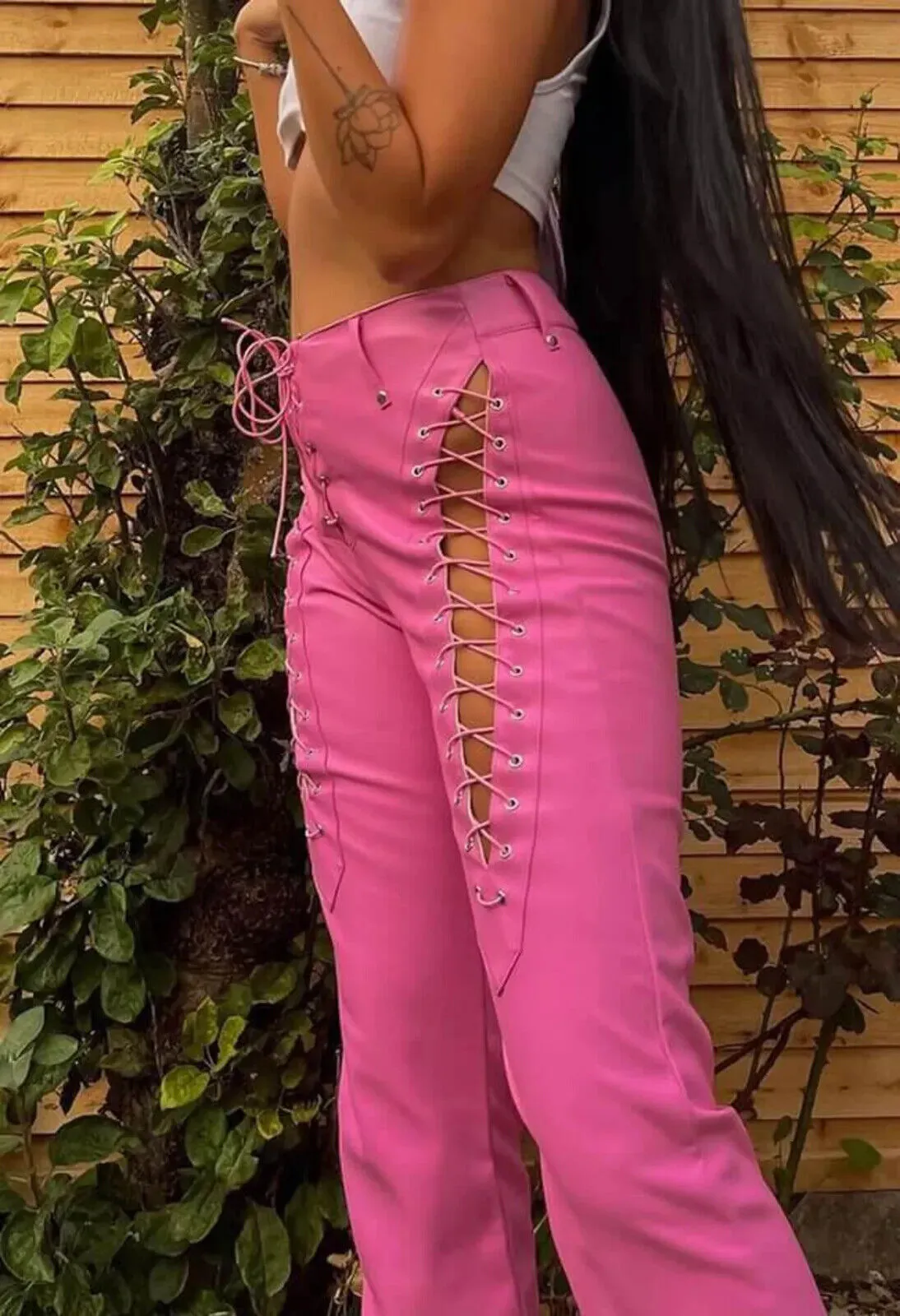 Women's New Lace Up Pink Leather Pants. Real Soft Sheepskin Biker Leather Pant.