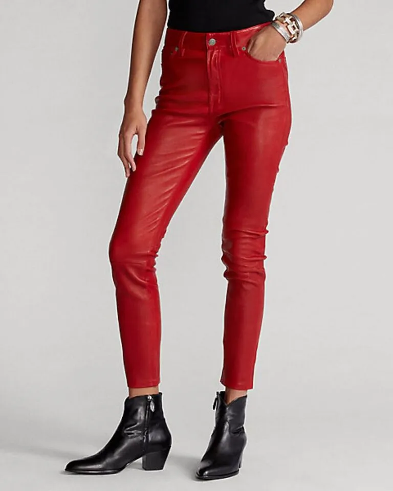 Women's New Red Cropped Leather Pants. Real Soft Lambskin Biker Leather Pant.