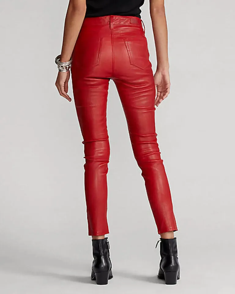 Women's New Red Cropped Leather Pants. Real Soft Lambskin Biker Leather Pant.