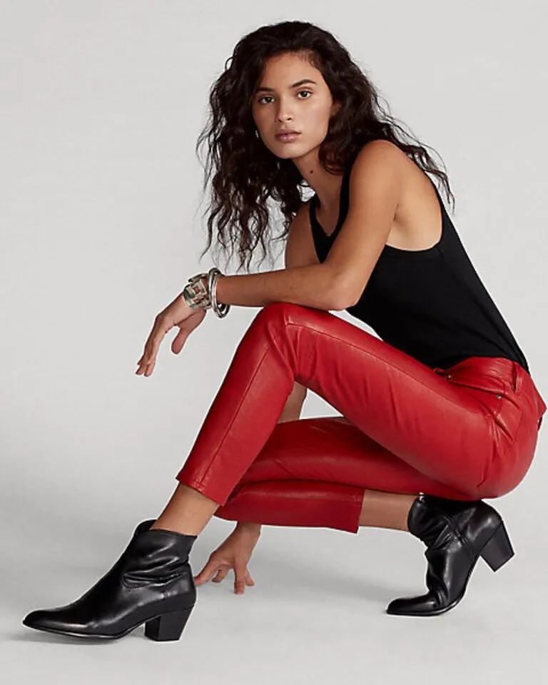 Women's New Red Cropped Leather Pants. Real Soft Lambskin Biker Leather Pant.