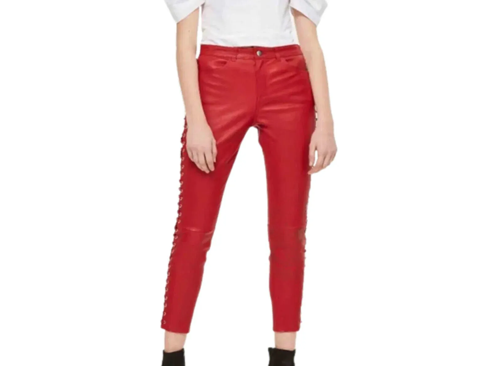 Women's Red Lace Up Capri Leather Pants. Real Soft Sheepskin Biker Leather Pant.