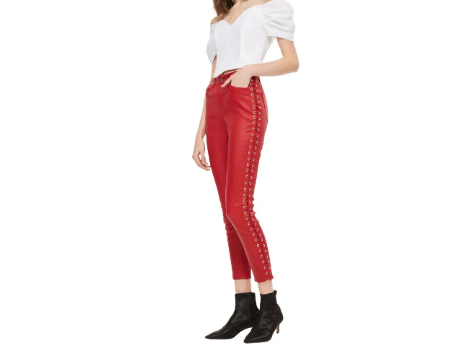 Women's Red Lace Up Capri Leather Pants. Real Soft Sheepskin Biker Leather Pant.
