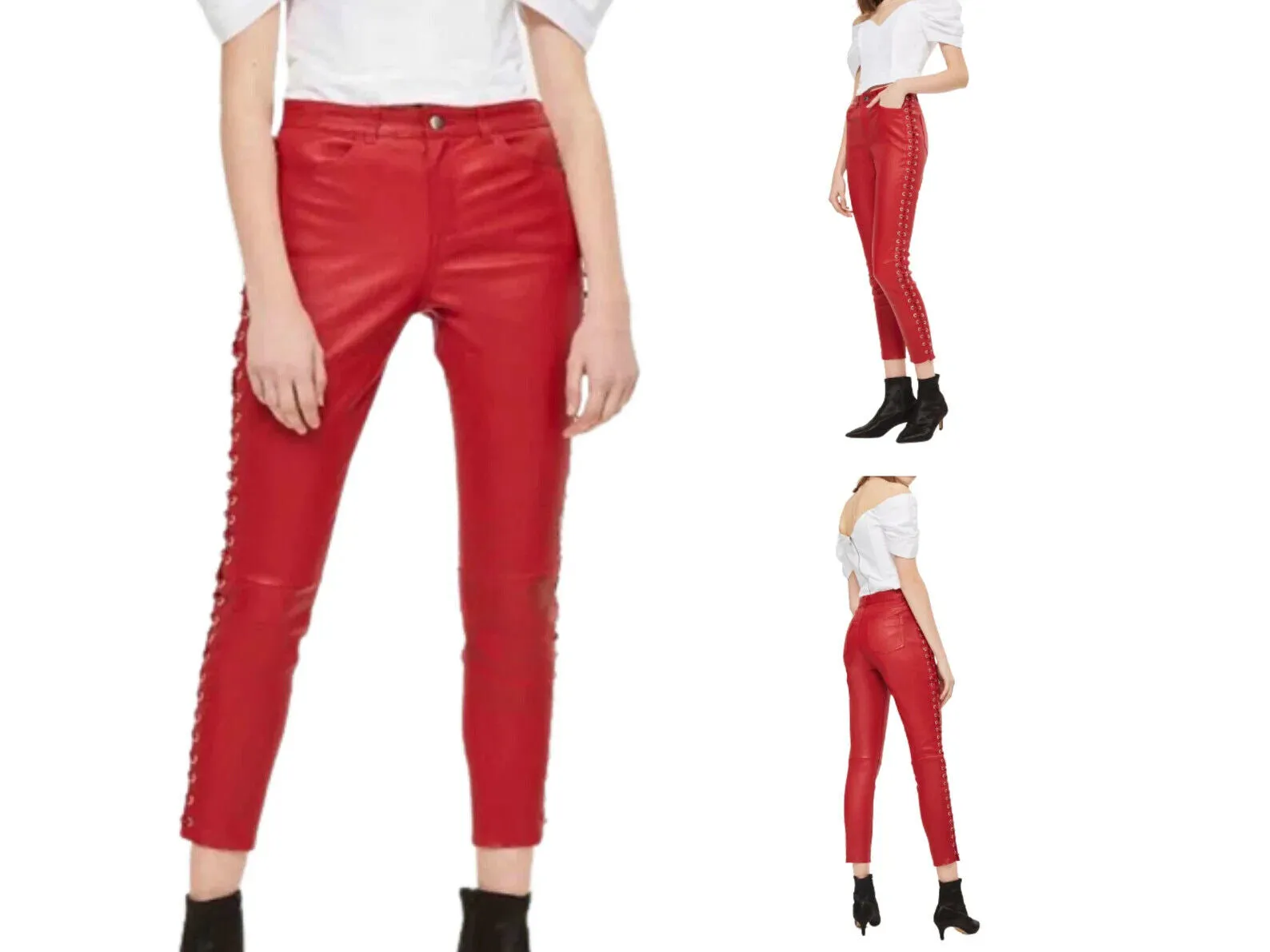 Women's Red Lace Up Capri Leather Pants. Real Soft Sheepskin Biker Leather Pant.