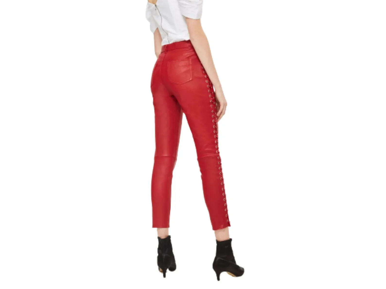 Women's Red Lace Up Capri Leather Pants. Real Soft Sheepskin Biker Leather Pant.