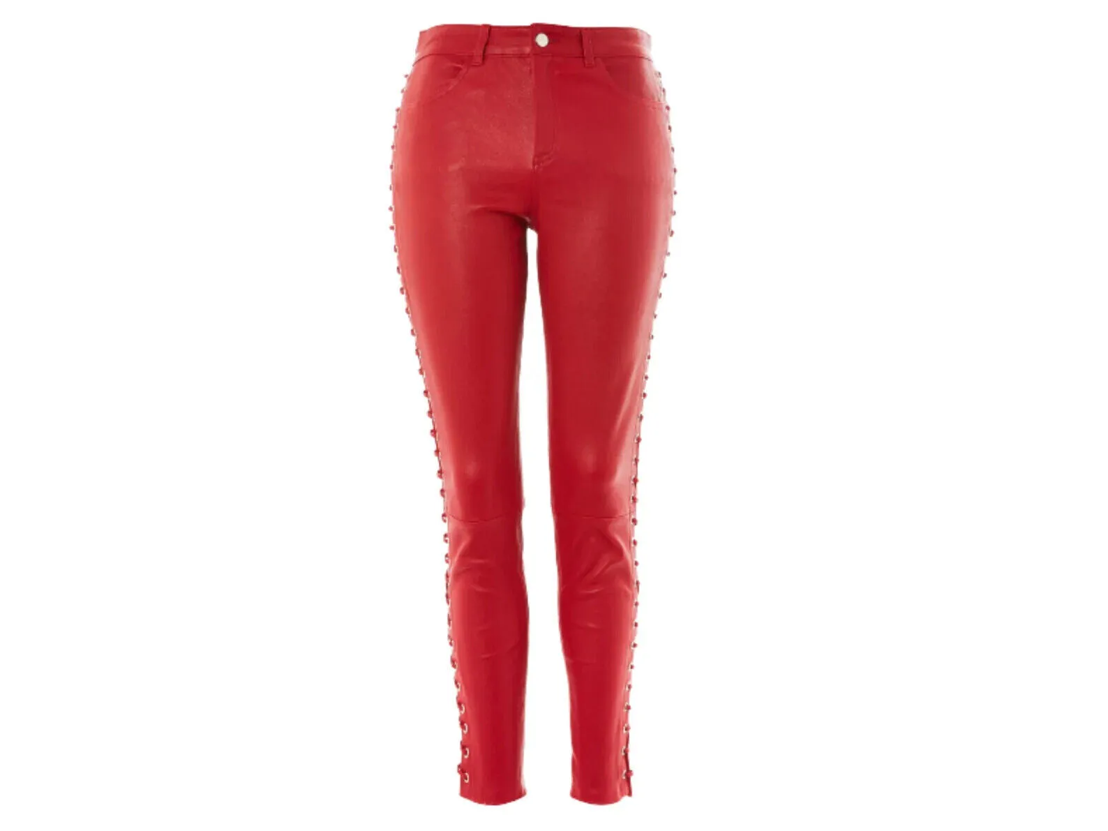 Women's Red Lace Up Capri Leather Pants. Real Soft Sheepskin Biker Leather Pant.